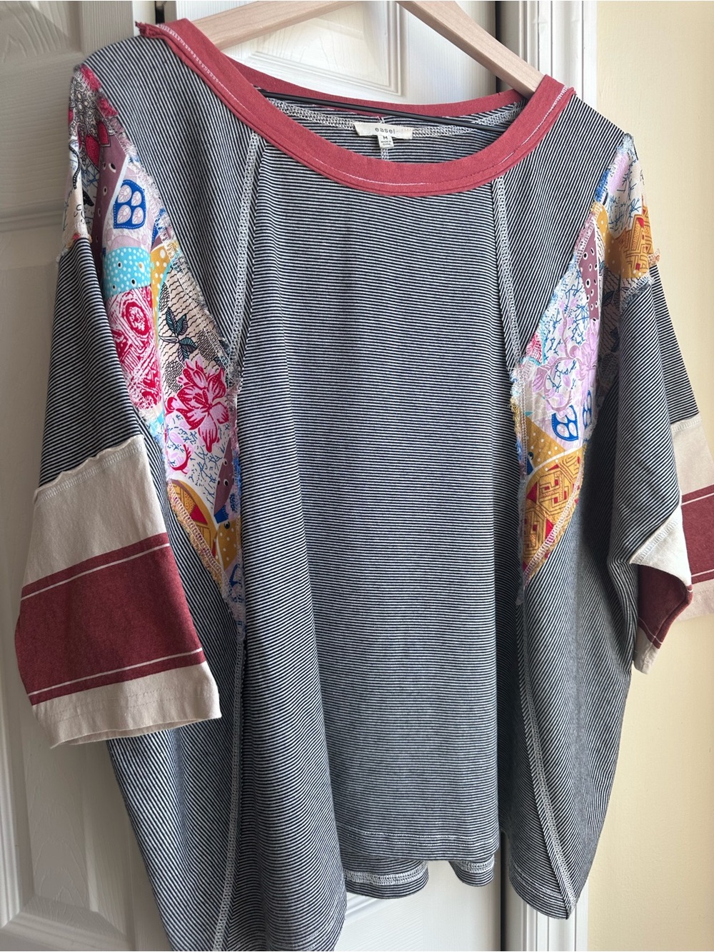 easel Striped Patchwork Pullover with Pink Trim